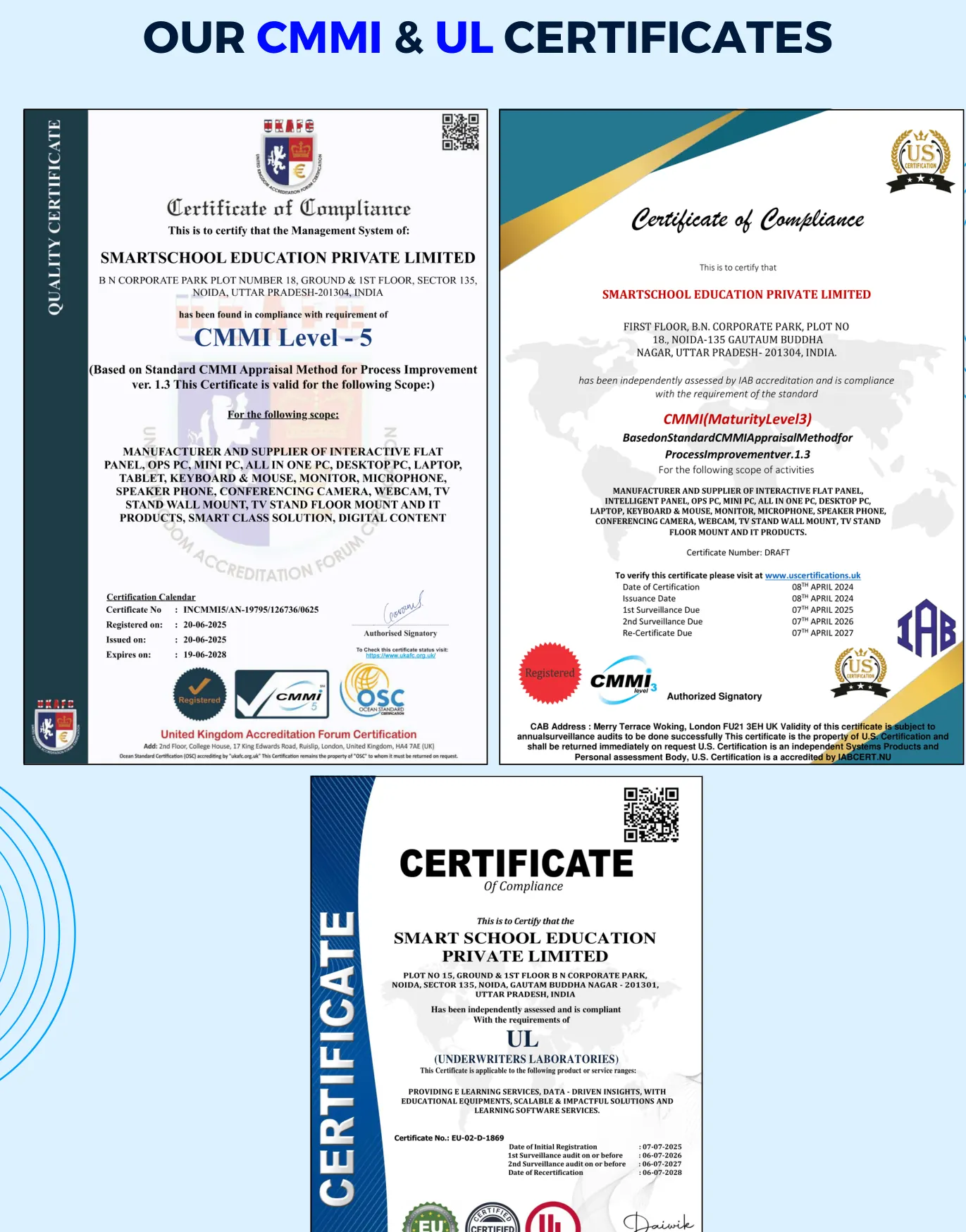 SmartSchool CMMI and UL certification gallery