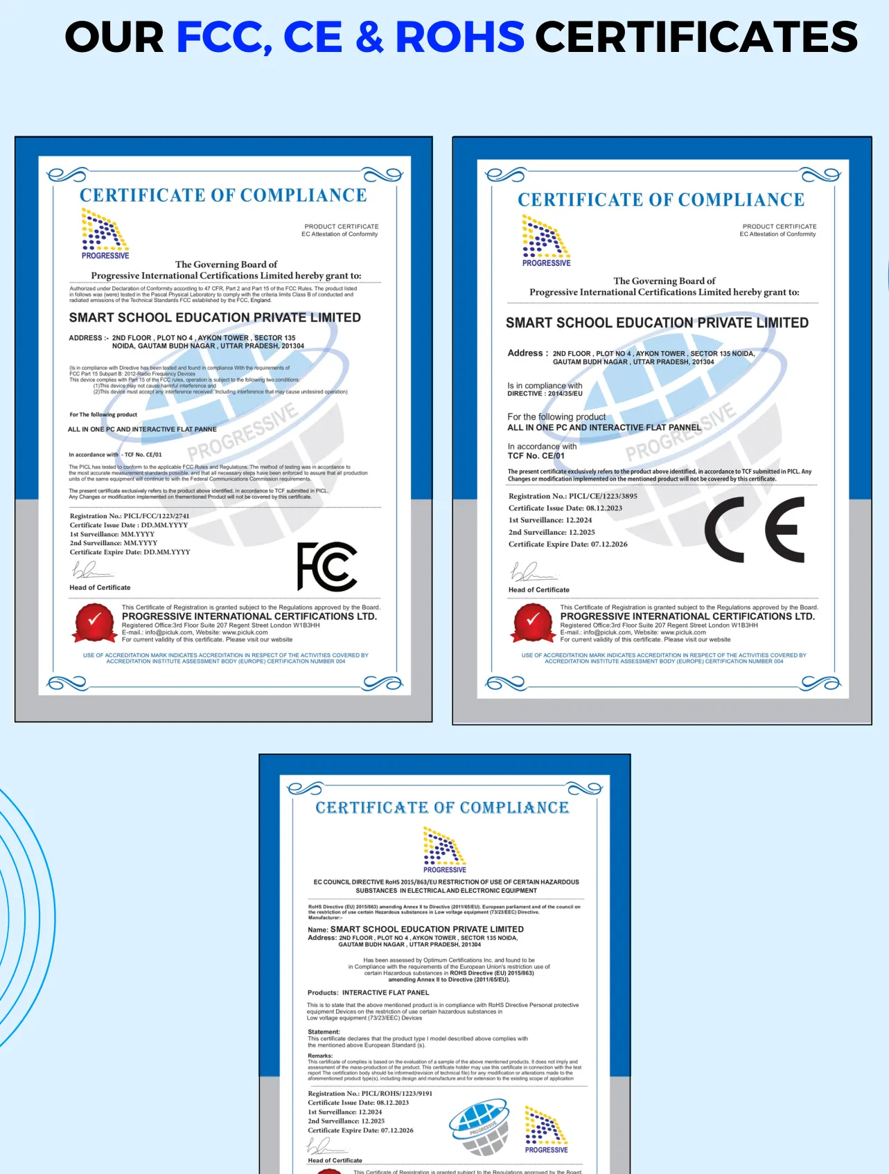 SmartSchool FCC, CE and RoHS certification gallery