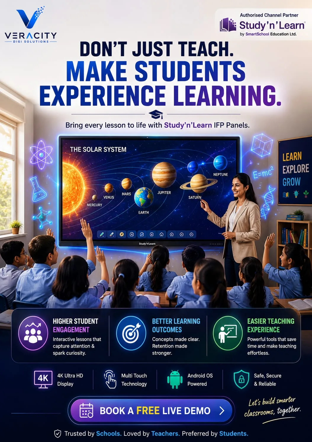 Veracity and Study'n'Learn Interactive Flat Panel classroom creative showing students experiencing learning