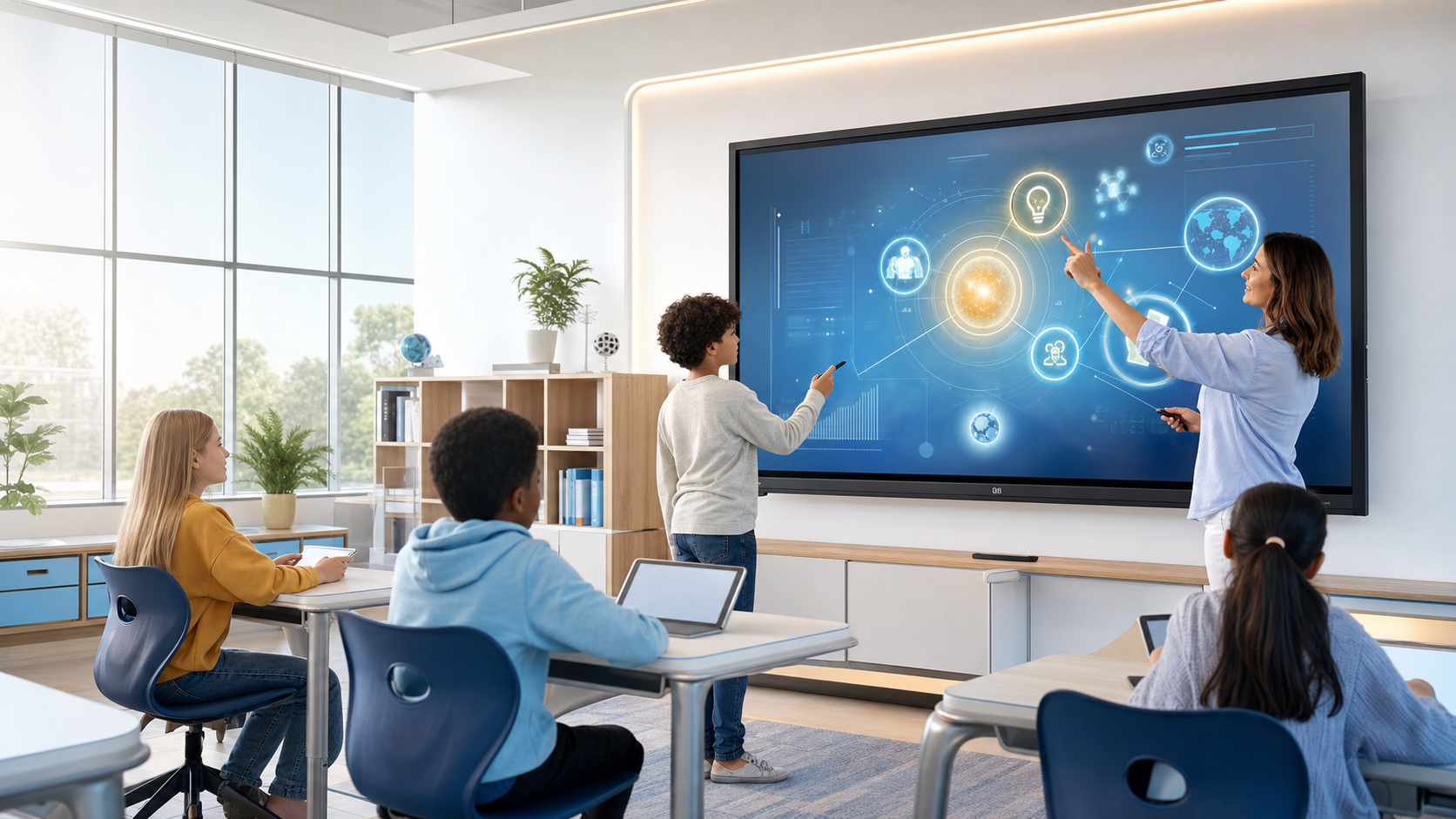 Teacher and students using a Study'n'Learn Interactive Flat Panel in a modern classroom